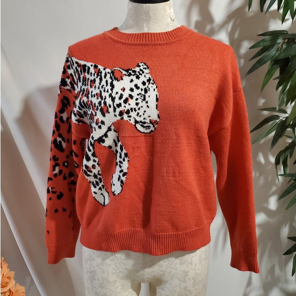 Minkpink Leopard Big Cat Boxy Crewneck Sweater Size XS Coral Orange Soft Knit - Picture 1 of 10